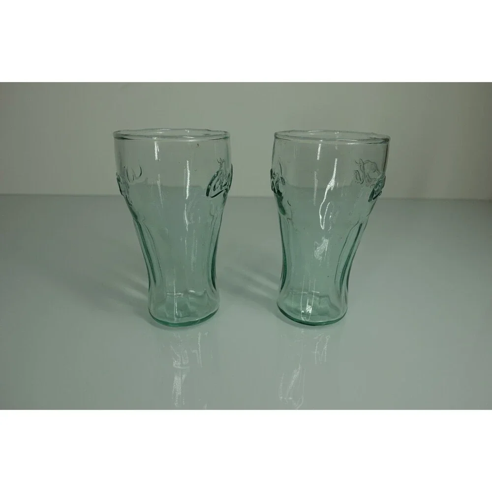 Coca-Cola Coke Set of 2 Vintage Green Contoured Drinking Glasses 4.5 Inches